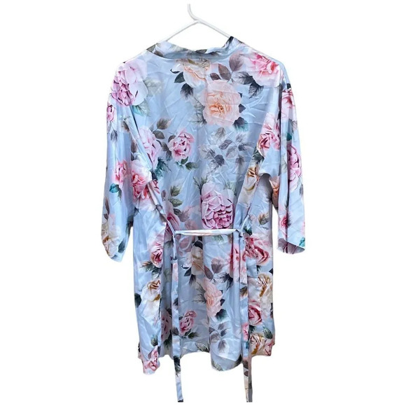 FLORA NIKROOZ Blue Satin Floral Robe Size Medium Large - Picture 3 of 6